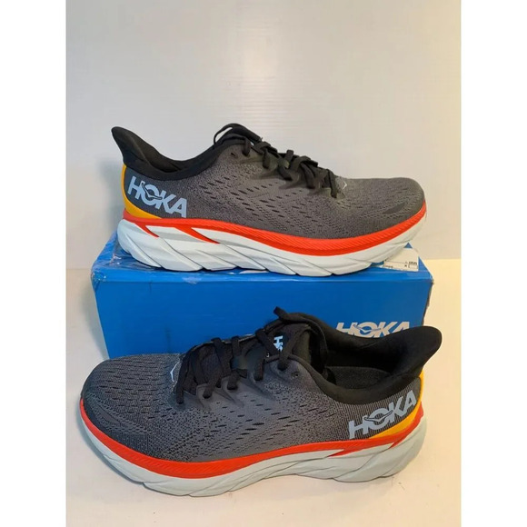 .895 Hoka M Clifton 8, Grey, Orange, Red, Mens Running Shoes-US 9 Mens